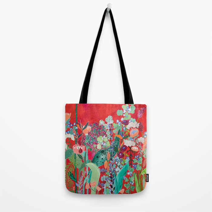 Red floral Jungle Garden Botanical featuring Proteas, Reeds, Eucalyptus, Ferns and Birds of Paradise Tote Bag Gallery Image 2