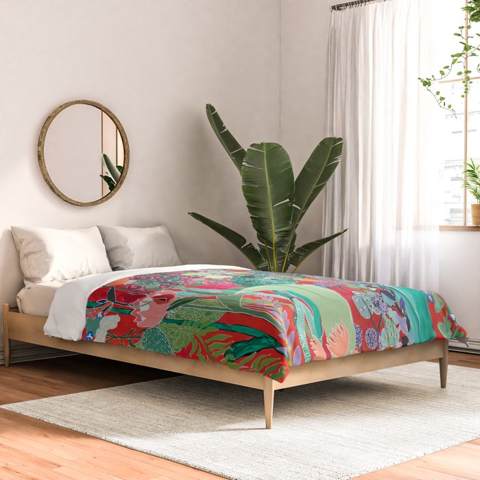 Red floral Jungle Garden Botanical featuring Proteas, Reeds, Eucalyptus, Ferns and Birds of Paradise Comforter Gallery Image 2