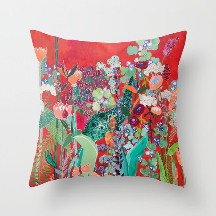 Red floral Jungle Garden Botanical featuring Proteas, Reeds, Eucalyptus, Ferns and Birds of Paradise Throw Pillow Gallery Image 6