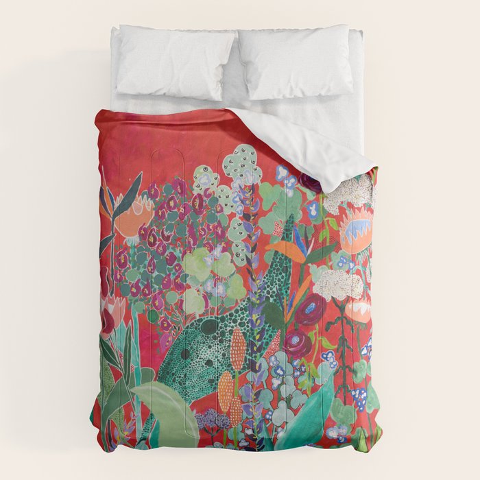 Red floral Jungle Garden Botanical featuring Proteas, Reeds, Eucalyptus, Ferns and Birds of Paradise Comforter Gallery Image 1
