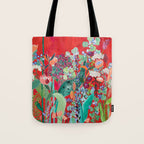 Red floral Jungle Garden Botanical featuring Proteas, Reeds, Eucalyptus, Ferns and Birds of Paradise Tote Bag Gallery Image 1