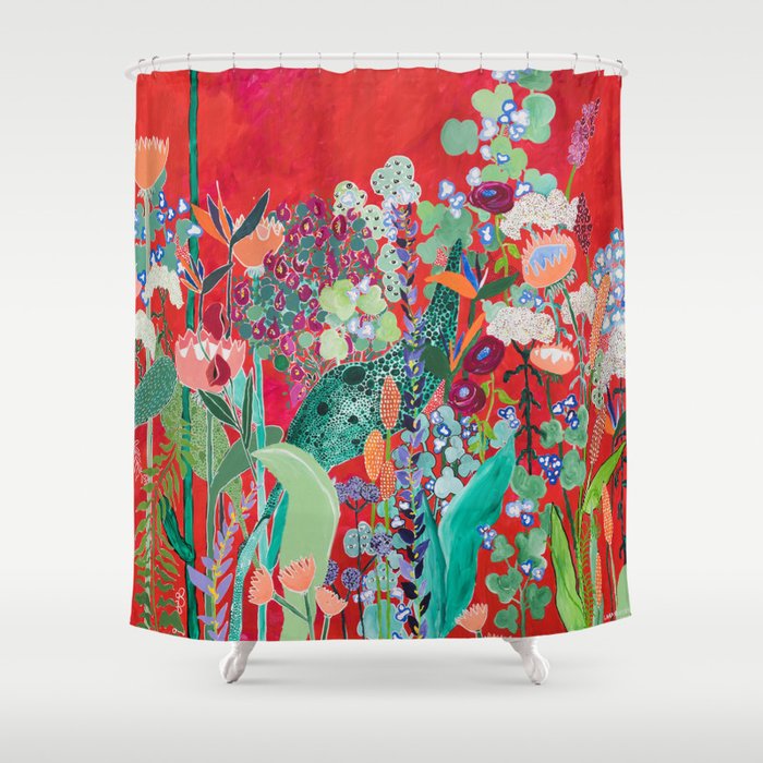 Red floral Jungle Garden Botanical featuring Proteas, Reeds, Eucalyptus, Ferns and Birds of Paradise Shower Curtain Gallery Image 1