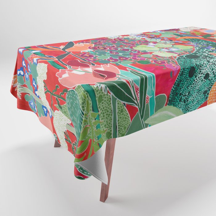 Red floral Jungle Garden Botanical featuring Proteas, Reeds, Eucalyptus, Ferns and Birds of Paradise Tablecloth Gallery Image 1