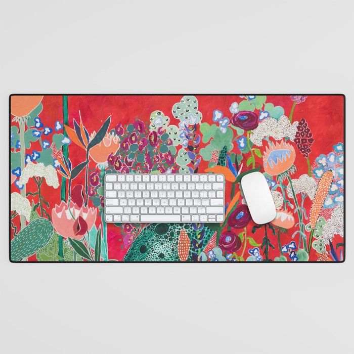Red floral Jungle Garden Botanical featuring Proteas, Reeds, Eucalyptus, Ferns and Birds of Paradise Desk Mat Gallery Image 1