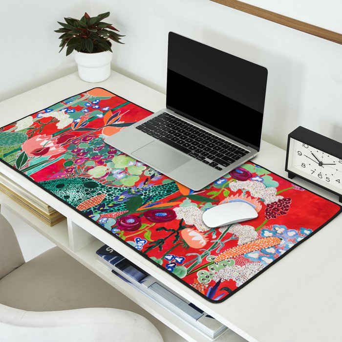 Red floral Jungle Garden Botanical featuring Proteas, Reeds, Eucalyptus, Ferns and Birds of Paradise Desk Mat Gallery Image 2