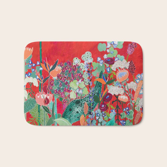 Red floral Jungle Garden Botanical featuring Proteas, Reeds, Eucalyptus, Ferns and Birds of Paradise Bath Mat Gallery Image 1