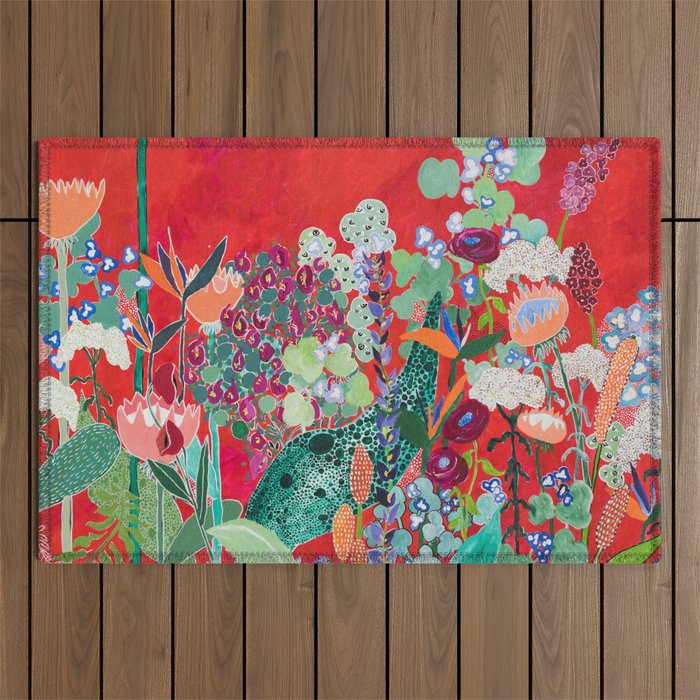 Red floral Jungle Garden Botanical featuring Proteas, Reeds, Eucalyptus, Ferns and Birds of Paradise Outdoor Rug Gallery Image 1