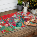 Red floral Jungle Garden Botanical featuring Proteas, Reeds, Eucalyptus, Ferns and Birds of Paradise Outdoor Rug Gallery Image 2