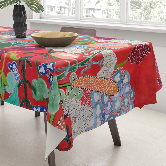 Red floral Jungle Garden Botanical featuring Proteas, Reeds, Eucalyptus, Ferns and Birds of Paradise Tablecloth Gallery Image 3
