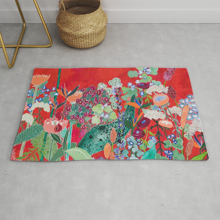 Red floral Jungle Garden Botanical featuring Proteas, Reeds, Eucalyptus, Ferns and Birds of Paradise Rug Gallery Image 1