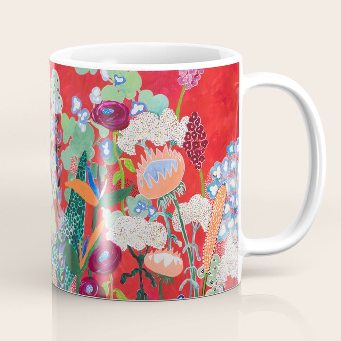 Red floral Jungle Garden Botanical featuring Proteas, Reeds, Eucalyptus, Ferns and Birds of Paradise Coffee Mug Gallery Image 1
