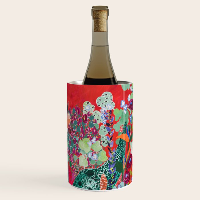 Red floral Jungle Garden Botanical featuring Proteas, Reeds, Eucalyptus, Ferns and Birds of Paradise Wine Chiller Gallery Image 1