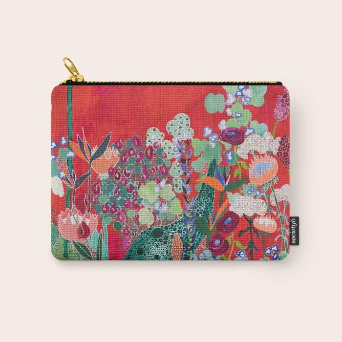 Red floral Jungle Garden Botanical featuring Proteas, Reeds, Eucalyptus, Ferns and Birds of Paradise Carry All Pouch Gallery Image 1