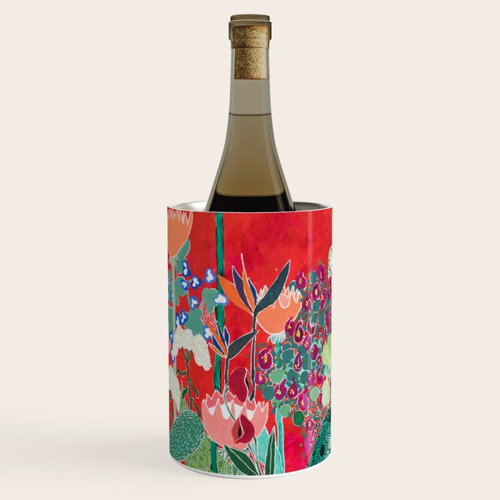 Red floral Jungle Garden Botanical featuring Proteas, Reeds, Eucalyptus, Ferns and Birds of Paradise Wine Chiller Gallery Image 2