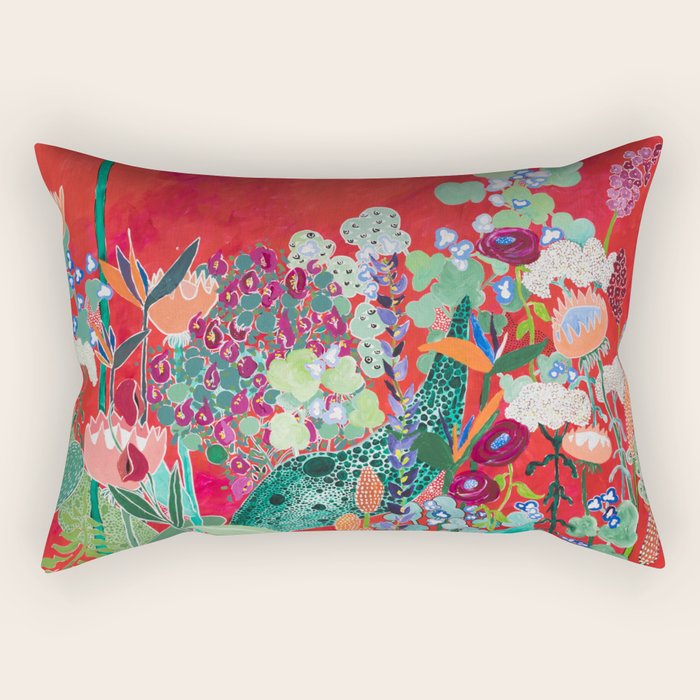 Red floral Jungle Garden Botanical featuring Proteas, Reeds, Eucalyptus, Ferns and Birds of Paradise Rectangular Pillow Gallery Image 2