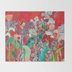 Red floral Jungle Garden Botanical featuring Proteas, Reeds, Eucalyptus, Ferns and Birds of Paradise Throw Blanket Gallery Image 2