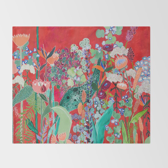 Red floral Jungle Garden Botanical featuring Proteas, Reeds, Eucalyptus, Ferns and Birds of Paradise Throw Blanket Gallery Image 2