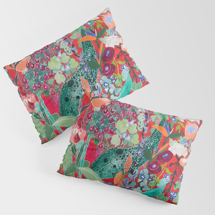 Red floral Jungle Garden Botanical featuring Proteas, Reeds, Eucalyptus, Ferns and Birds of Paradise Pillow Sham Gallery Image 3