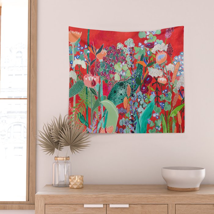 Red floral Jungle Garden Botanical featuring Proteas, Reeds, Eucalyptus, Ferns and Birds of Paradise Wall Tapestry Gallery Image 2