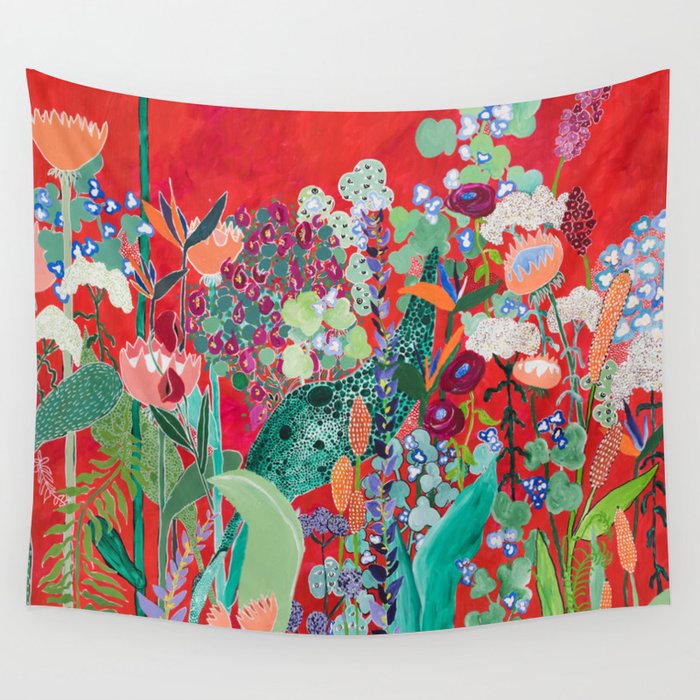Red floral Jungle Garden Botanical featuring Proteas, Reeds, Eucalyptus, Ferns and Birds of Paradise Wall Tapestry Gallery Image 4