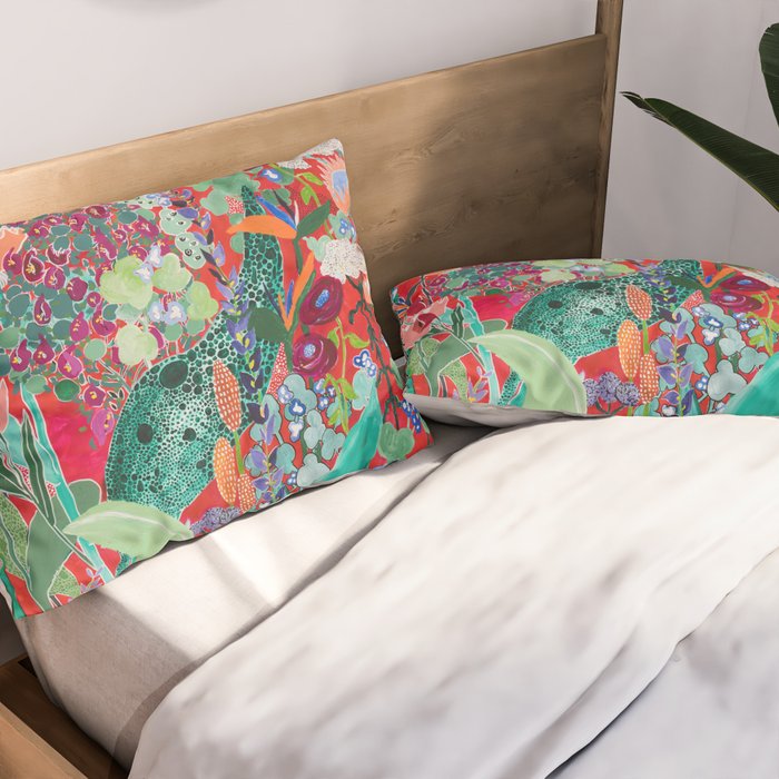 Red floral Jungle Garden Botanical featuring Proteas, Reeds, Eucalyptus, Ferns and Birds of Paradise Pillow Sham Gallery Image 2