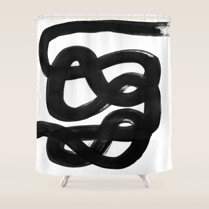 Knots Black & White Minimalist Ink Tribal Mid Century Pattern Dark Painting Pattern Shower Curtain Gallery Image 1