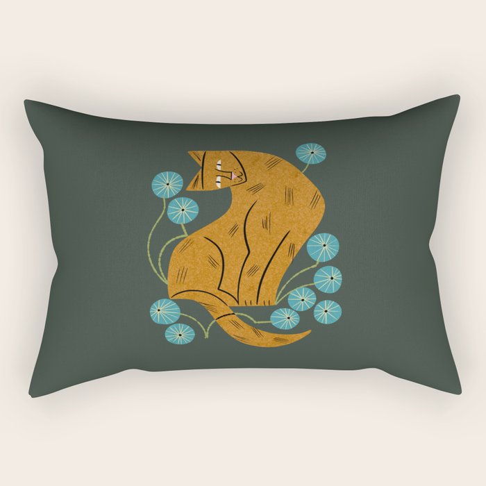 Playful Tabby and Blue Flowers Rectangular Pillow Gallery Image 1