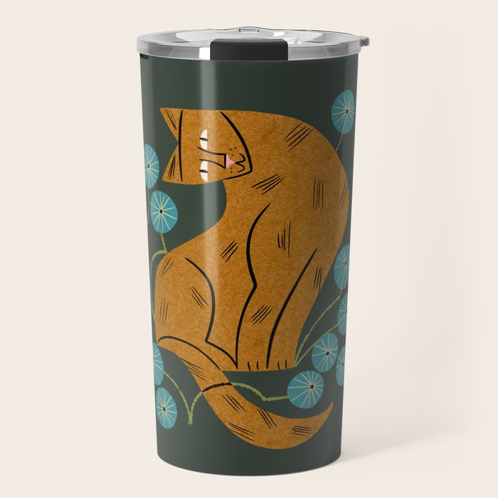 Playful Tabby and Blue Flowers Travel Mug Gallery Image 1