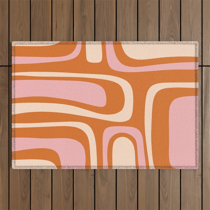 Mid-Century Modern Palm Springs Abstract Pattern Pink Orange Cream Outdoor Rug Gallery Image 1
