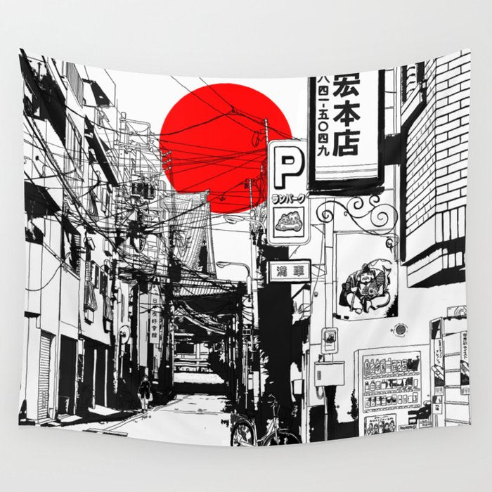 Tokyo street sunrise Wall Tapestry Gallery Image 1