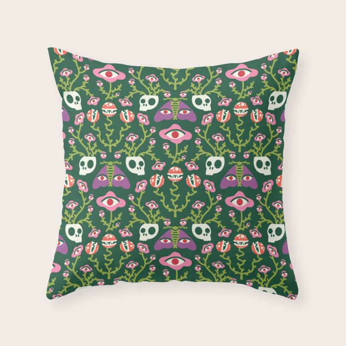 Botanical Skull and Moth Throw Pillow Gallery Image 1