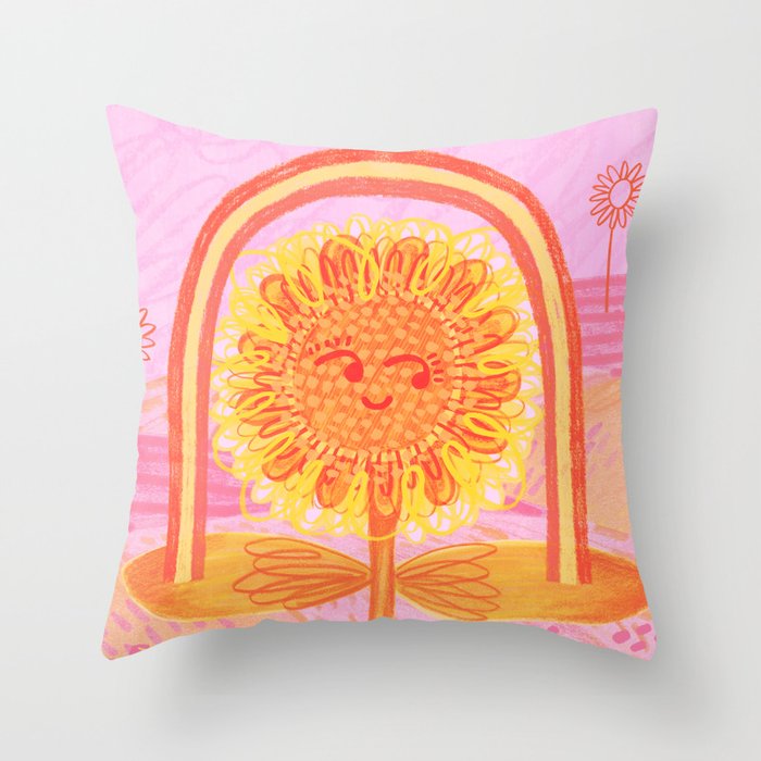 Retro Sunflower & Rainbow in Pink Throw Pillow Gallery Image 1