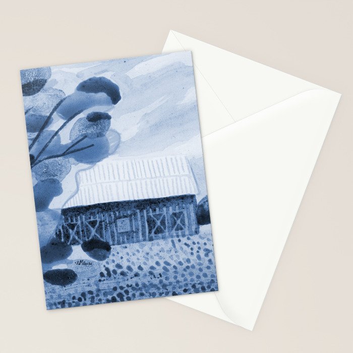 Rustic Country Barn Painting in Navy Blue Stationery Card Gallery Image 2
