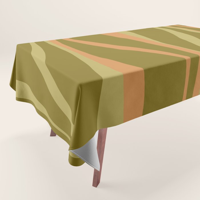 Mid Century Modern Retro Lounge Striped Ogee Pattern Avocado Green and Cantaloupe Orange Tablecloth Gallery Image 1