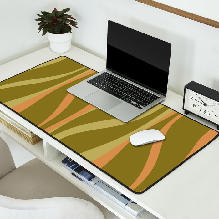 Mid Century Modern Retro Lounge Striped Ogee Pattern Avocado Green and Cantaloupe Orange Desk Mat Gallery Image 2
