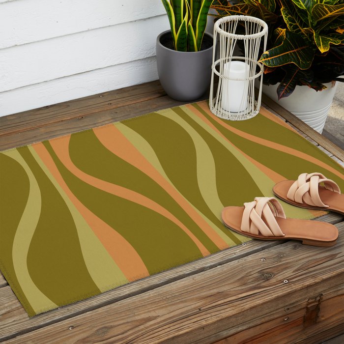 Mid Century Modern Retro Lounge Striped Ogee Pattern Avocado Green and Cantaloupe Orange Outdoor Rug Gallery Image 2