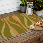 Mid Century Modern Retro Lounge Striped Ogee Pattern Avocado Green and Cantaloupe Orange Outdoor Rug Gallery Image 2