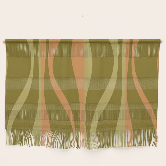 Mid Century Modern Retro Lounge Striped Ogee Pattern Avocado Green and Cantaloupe Orange Wall Hanging Gallery Image 1
