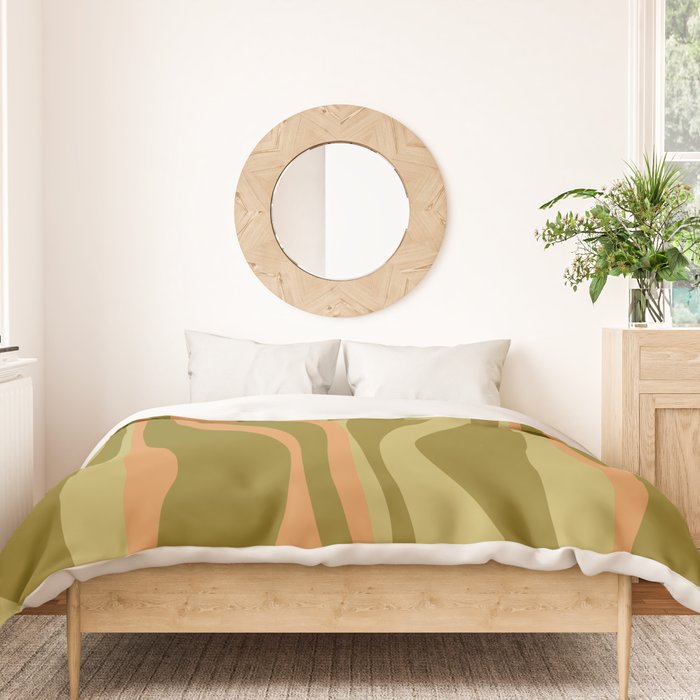 Mid Century Modern Retro Lounge Striped Ogee Pattern Avocado Green and Cantaloupe Orange Duvet Cover Gallery Image 3