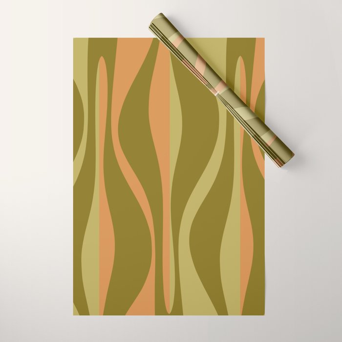Mid Century Modern Retro Lounge Striped Ogee Pattern Avocado Green and Cantaloupe Orange Wrapping Paper Gallery Image 1