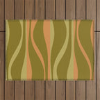 Mid Century Modern Retro Lounge Striped Ogee Pattern Avocado Green and Cantaloupe Orange Outdoor Rug Gallery Image 1