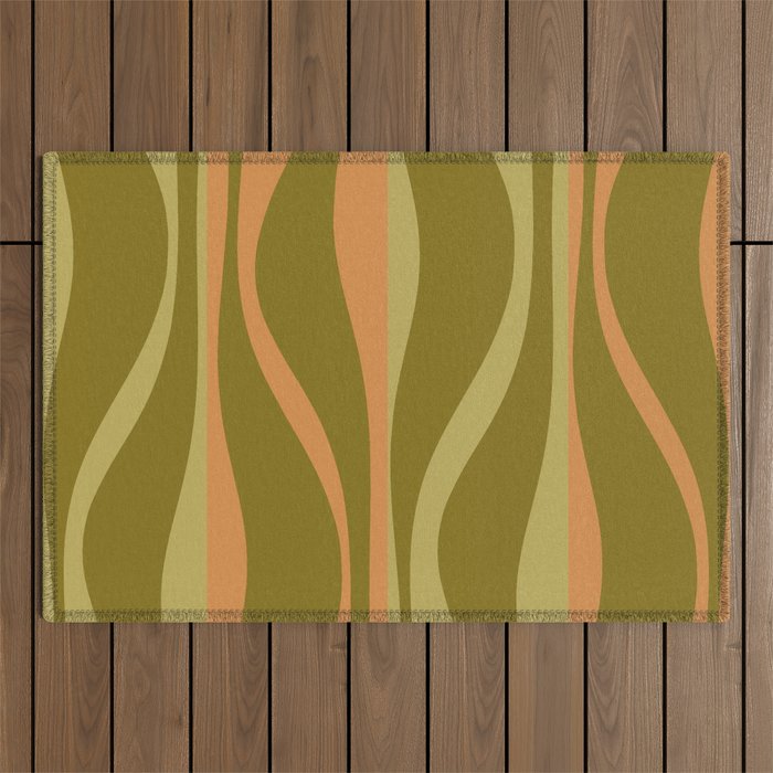 Mid Century Modern Retro Lounge Striped Ogee Pattern Avocado Green and Cantaloupe Orange Outdoor Rug Gallery Image 1