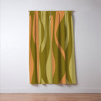Mid Century Modern Retro Lounge Striped Ogee Pattern Avocado Green and Cantaloupe Orange Window Curtain Gallery Image 3