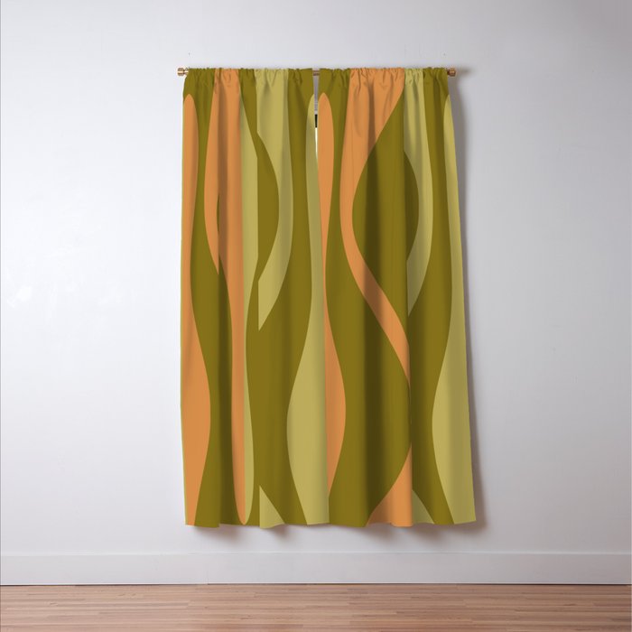 Mid Century Modern Retro Lounge Striped Ogee Pattern Avocado Green and Cantaloupe Orange Window Curtain Gallery Image 3