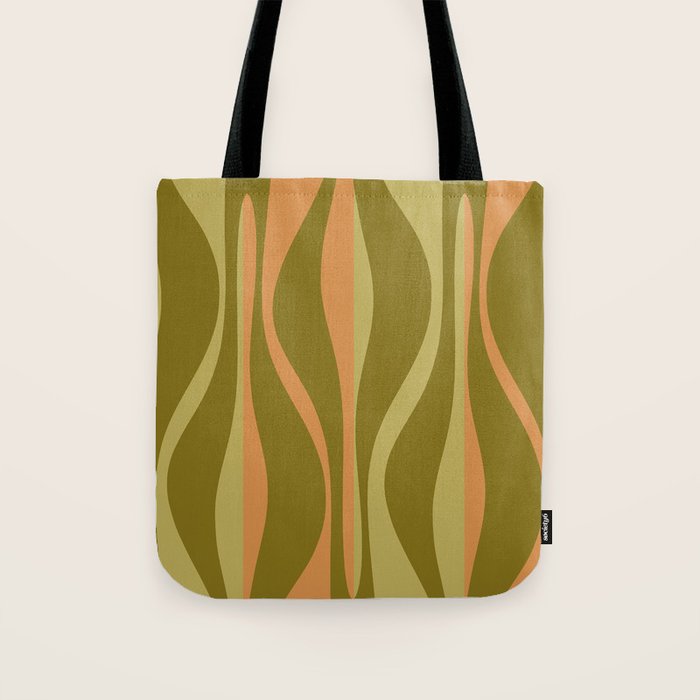 Mid Century Modern Retro Lounge Striped Ogee Pattern Avocado Green and Cantaloupe Orange Tote Bag Gallery Image 1