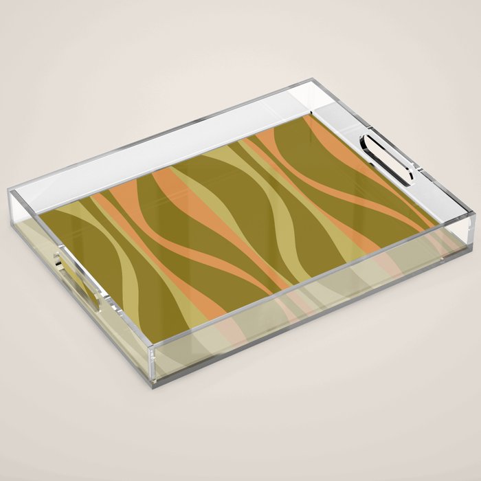 Mid Century Modern Retro Lounge Striped Ogee Pattern Avocado Green and Cantaloupe Orange Acrylic Tray Gallery Image 1