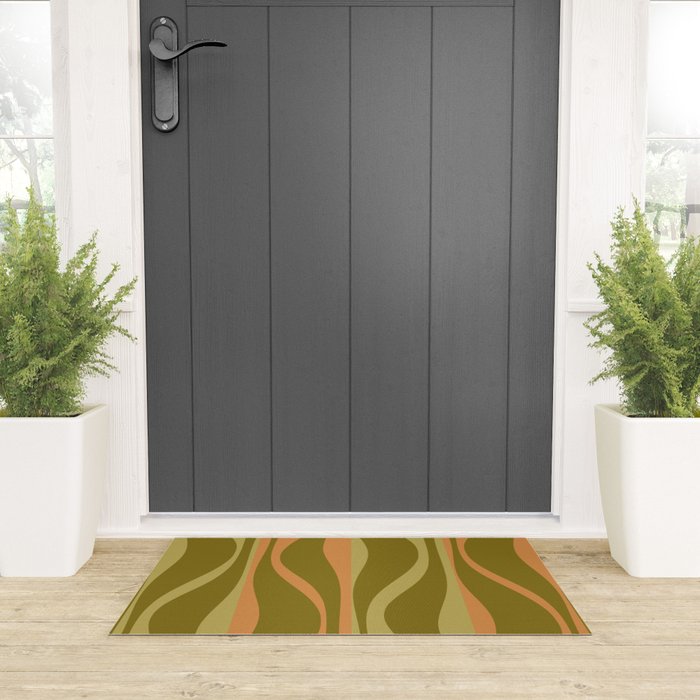Mid Century Modern Retro Lounge Striped Ogee Pattern Avocado Green and Cantaloupe Orange Welcome Mat Gallery Image 3