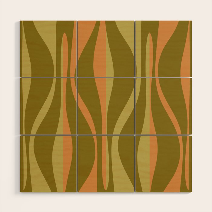 Mid Century Modern Retro Lounge Striped Ogee Pattern Avocado Green and Cantaloupe Orange Wood Wall Art Gallery Image 1
