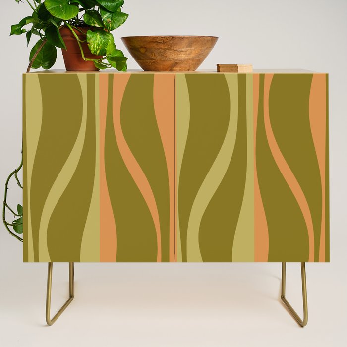 Mid Century Modern Retro Lounge Striped Ogee Pattern Avocado Green and Cantaloupe Orange Credenza Gallery Image 1