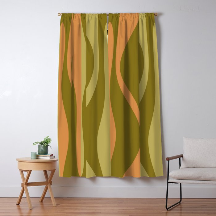 Mid Century Modern Retro Lounge Striped Ogee Pattern Avocado Green and Cantaloupe Orange Window Curtain Gallery Image 5